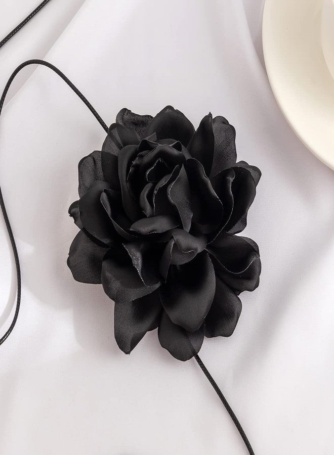 Rannyrena Bohemian Large Flower Choker Necklace Suede Leather Long Wrap Necklace Bow-knot Layered Tie Necklace with Artificial Rose Boho Party Accessories for Women (Black) - Image 4